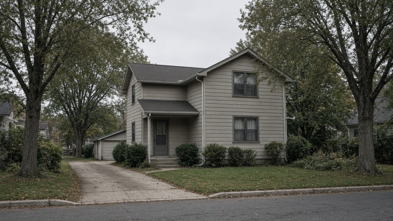Modest postwar two story wood frame house on a Central New York residential street