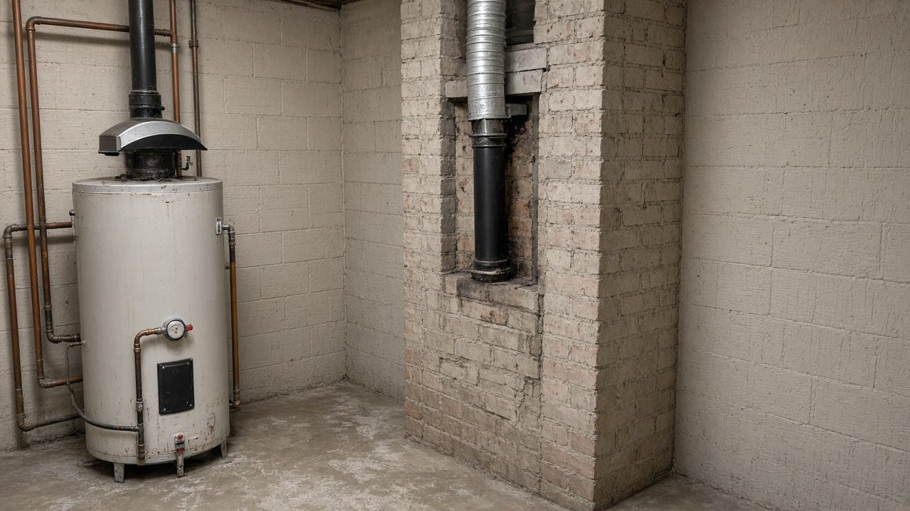 Masonry chimney in an older basement with a water heater draft hood and an aluminum liner entering above