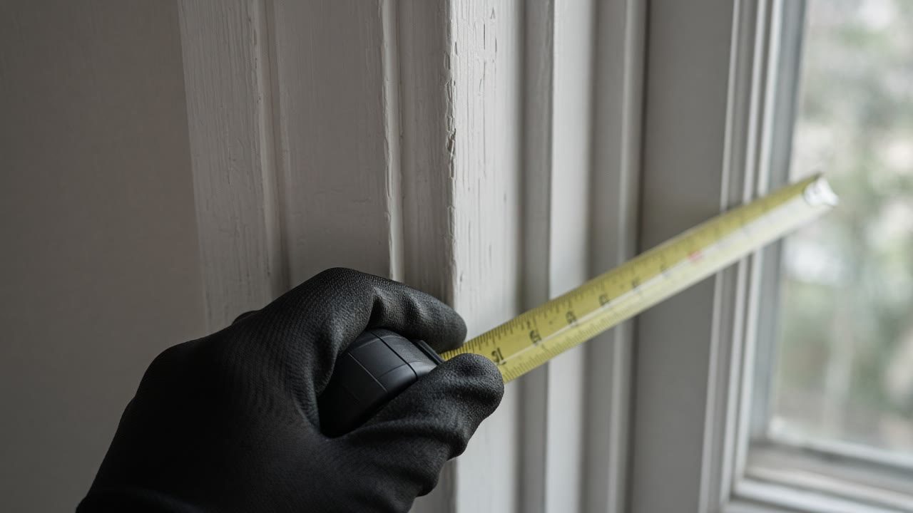 Gloved hand measuring a window opening inside an older house