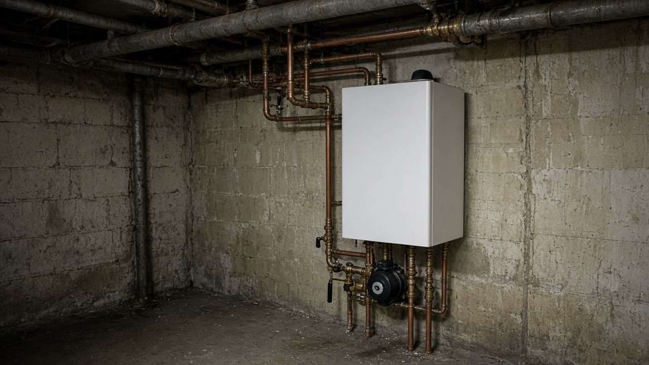 Wall hung condensing boiler piped into the older cast iron mains of a basement heating system