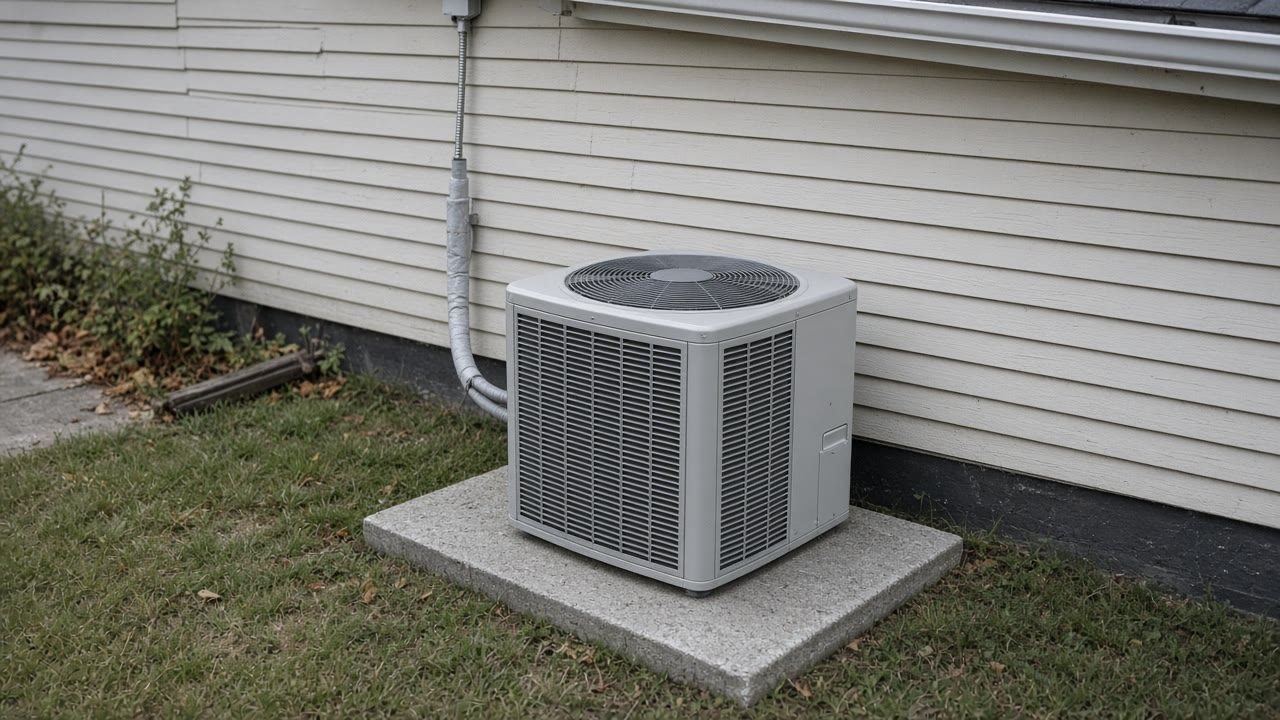 New outdoor air conditioning condenser on a pad beside an older house with the line set run into the wall
