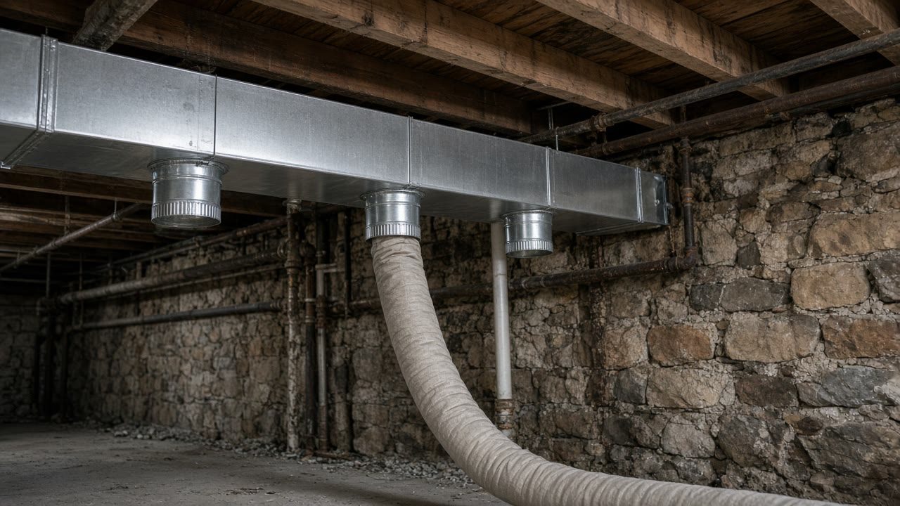 New sheet metal trunk duct and branch takeoffs running along the joists of an older basement