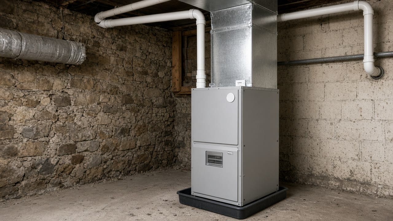 New condensing gas furnace in a basement with plastic vent pipes run toward the sidewall