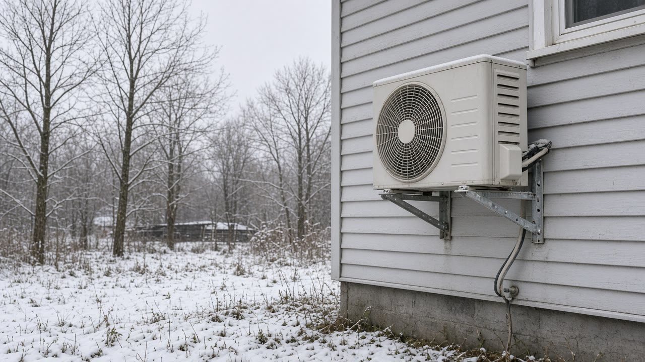 Outdoor heat pump raised on a wall bracket clear of the snow line beside an older house in winter