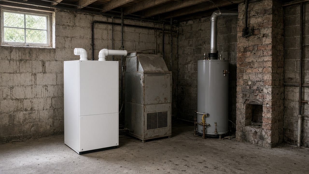 New high efficiency furnace set beside the older unit it replaces, with a water heater flue running into a masonry chimney
